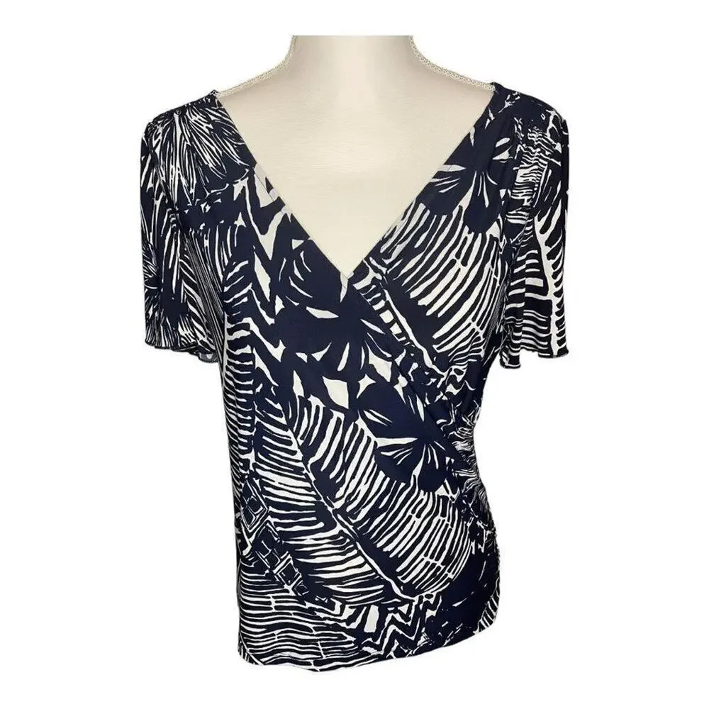 CHAPS WOMEN’S LARGE V-NECK WRAP FRONT FLORAL NAVY BLOUSE STRETCHY‎ TOP